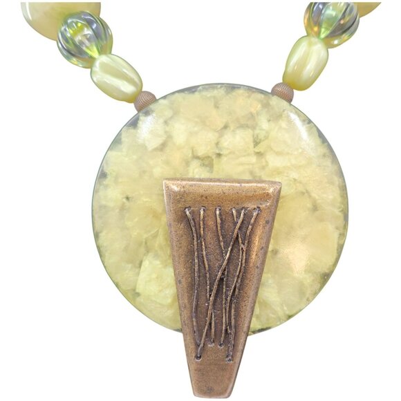 Chunky Green Beaded Statement Necklace With Large Light Green Pendant & Bronze A - Picture 2 of 12